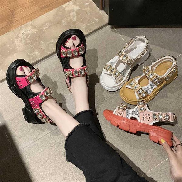 

sandals mesh crystal women 2021 summer design rhinestone open toe med heel hook-loop fashion sandalia, Black