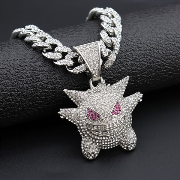 

hip hop iced out bling anime ghost alloy gold silver color pendant & necklace for men women jewelry with cuban chains
