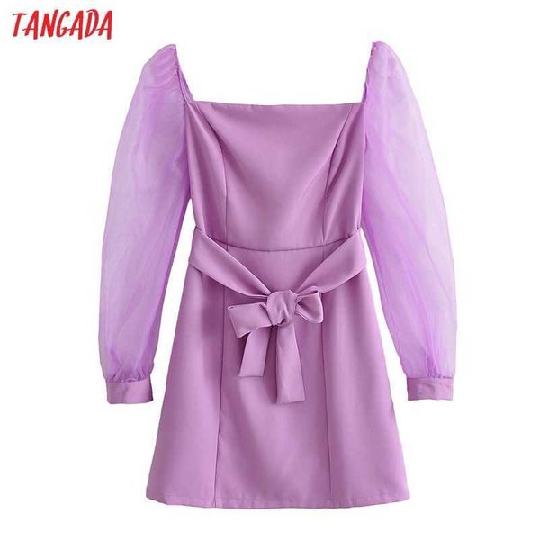 

tangada fashion women solid purple robe mesh patchwork long sleeve ladies square collar mini dress with slash ja81 210609, Black;gray