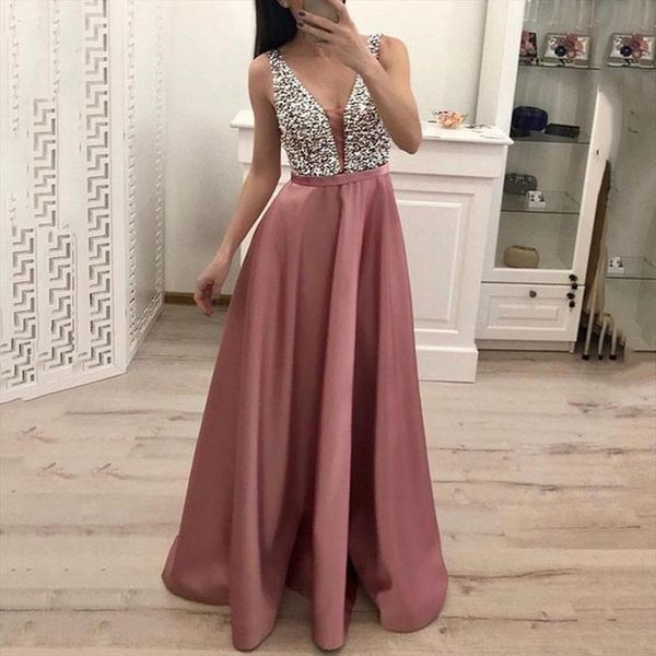 

sequined long splice wedding women dress party sleeveless v neck blue a line elegant chiffon dresses bridesmaid dinner, Black;gray