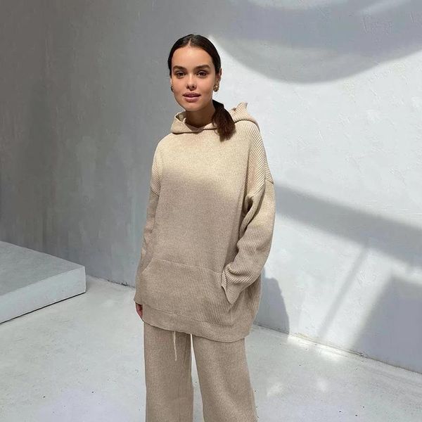 

women's two piece pants knit women set sweater long sleeve hooded and khaki casual outfit white party suit