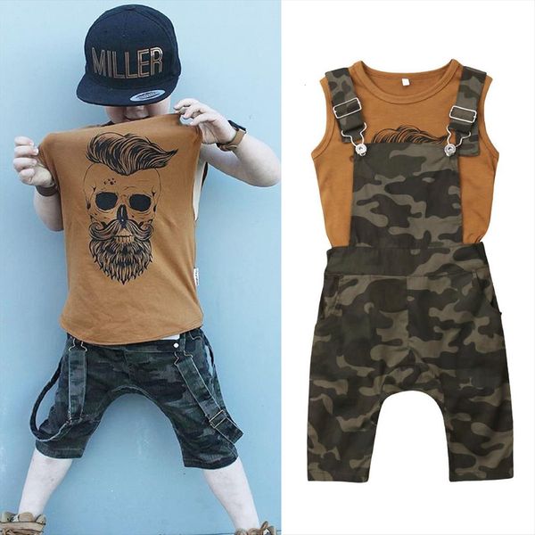 

summer toddler baby boys two piece casual clothes sleeveless printing tank vest camo overalls outfits set, White
