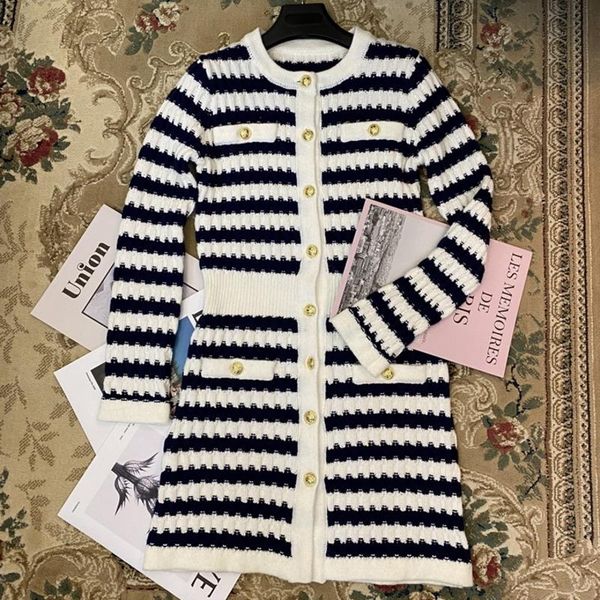 

casual dresses women early spring vintage striped knitted dress high waist o-neck long sleeve single breasted robe vestido de mujer, Black;gray