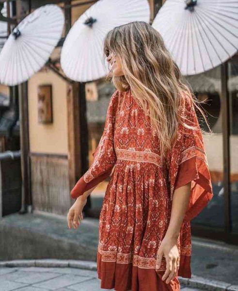 

floral print batwing sleeve women dresses beach bohemian mini o neck summer boho vestidos, Black;gray
