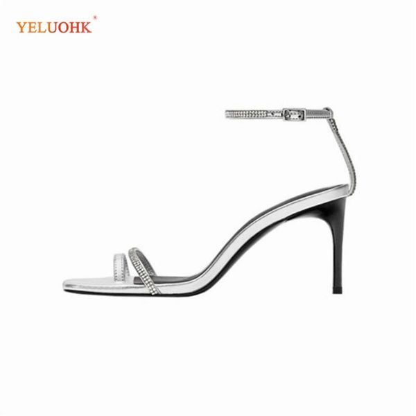 

women high heel shoes black strap buckle clear lady 7cm thin 35-40 silver sandals