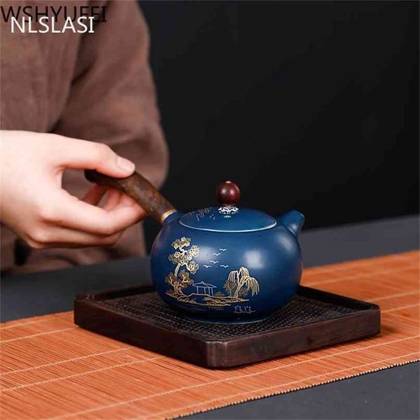 Nlslasi japonês cerâmico bule de bule alça pote artesanal vintage porcelanato kettle cerimônia de chaleira suprimentos 220ml 210724