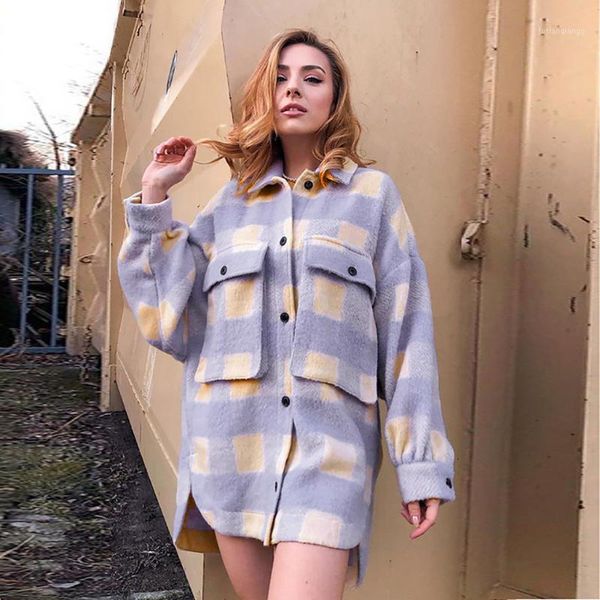 

vintage stylish pockets oversized plaid jacket coat women 2021 fashion lapel collar long sleeve loose outerwear chic #c women's jacket, Black;brown