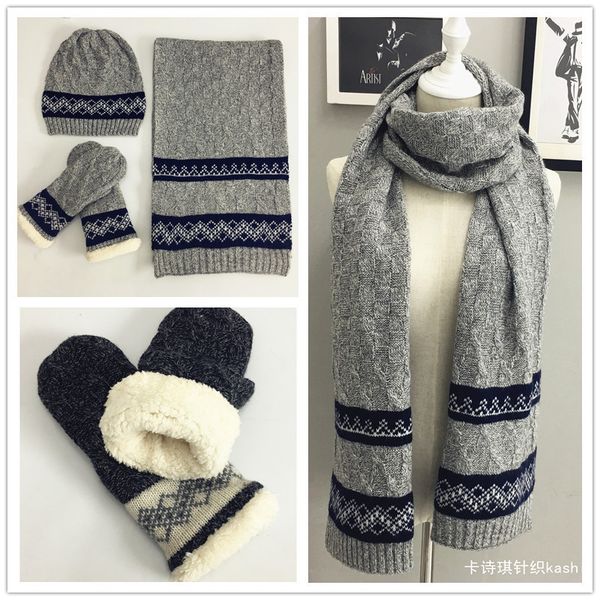 

hat fashion men's and women's winter gloves scarf set wool 3-piece warm flower grey weaving, Blue;gray