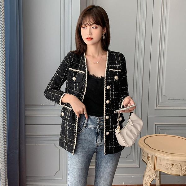 

women's jackets england style autumn tweed coat 2021 winter fashion small fragrance woolen outwear plaid jacket women chaqueta mujer, Black;brown