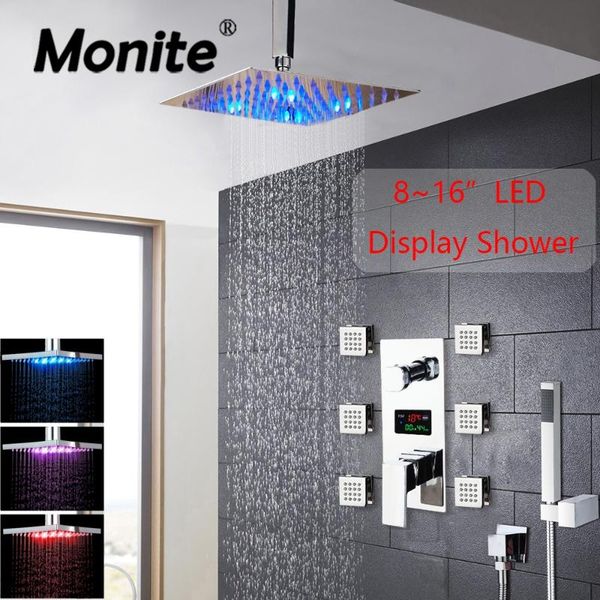 

8~16 inch led bathroom shower set faucet ceiling square chrome brass message jets digital display rainfall kit mixer hand sets