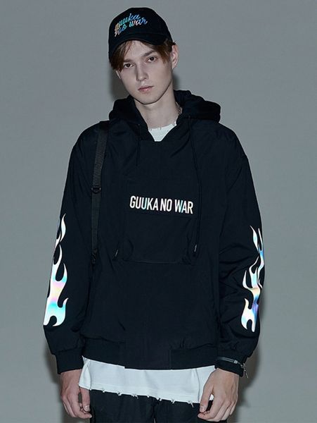 

men reflective fire & letter graphic flap pocket jacket k1jg#, Black;brown