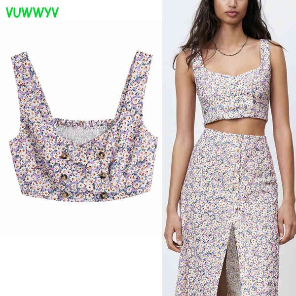 Verão Roxo Floral Cópia Crop Top Mulheres Fashion High Street Correias Mulher Blusas Voltar Elastic Casual Button Senhoras 210430