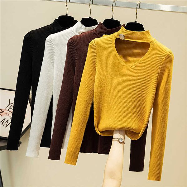 Shintimes Breve Maglione da Donna con Bottoni con Scollo a V Pullover da Donna Primavera Autunno Manica Lunga Lavorata a Maglia Alta Elastica 210615