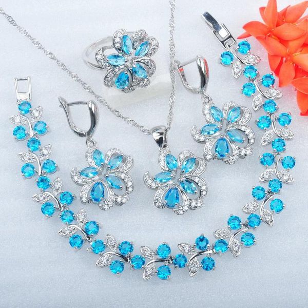 

earrings & necklace ladies party jewelry sets russian style flower sky blue pendant ring bracelet wedding set mn0531, Silver