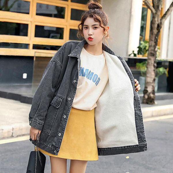 

lamb wool denim jacket women's loose plush thickened winter 2021 streetwear regular solid jean jackets, Black;brown