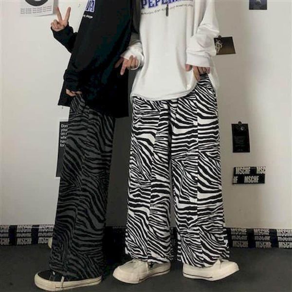 

women's pants & capris straight trousers 2021 korean version harajuku style zebra pattern loose wide-leg casual for men and women, Black;white