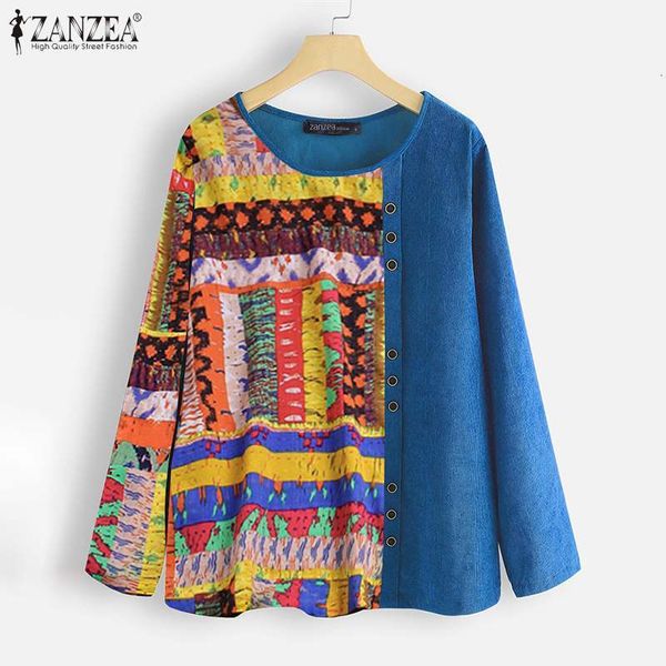 

blouses plus size vintage women corduroy blouse 2021 spring patchwork print shirts casual long sleeve o-neck blusa femme 5xl, White