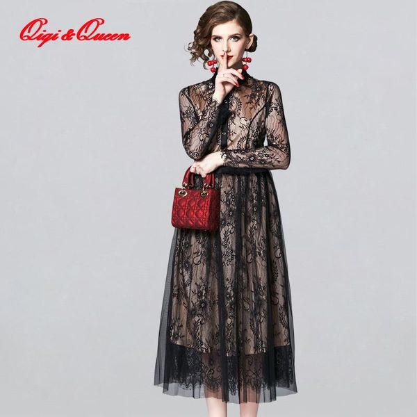 

qiqi&queen europe elegant a-line lace dress women's winter full sleeve mesh long dresses special occasion evening party vestidos casual, Black;gray