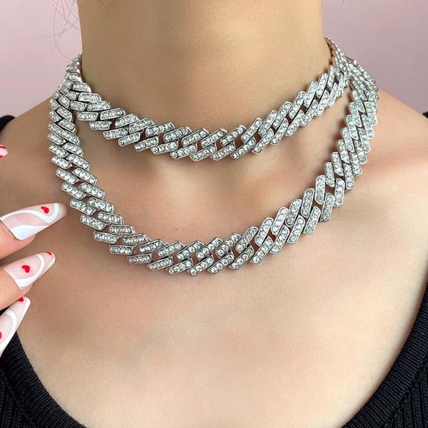 

chains hip hop square baguette thick cuban necklaces jewelry bling crystal buckle curb link choker chunky metal chain necklace, Silver