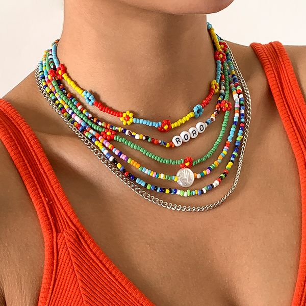 

6pcs/set bohemia colorful flower handmade necklace for women vintage multilayer letter beads imitate pearl link chain necklace, Silver