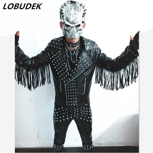 

men's fur & faux male black rivet pu leather jacket pants outfit prom show blazer costume coat bar dj stage fashion singer dancer star