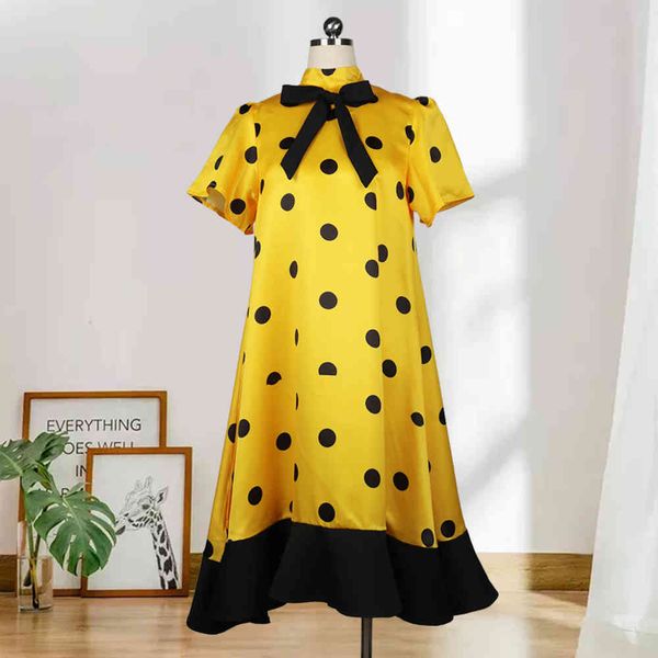 

female yellow dress polka dot print bowtie adorable loose princess party plied shreds african short sleeve beautiful dresses i51f, Black;gray