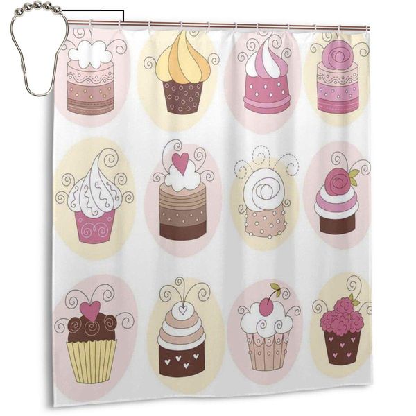 

waterproof shower curtain cupcakes bakery pastry design cartoon doodle style deserts creamy cakes retro bathroom decor