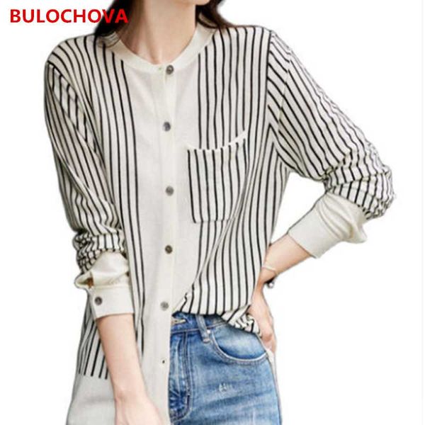 

women's knits & tees bulochova 2021 spring autumn women single-breasted long sleeve blouses retro striped knitted cardigan sweater clo, White
