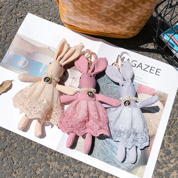 

korean cartoon gauze skirt pearl chain rabbit pendant key creative gift bag accessories, Silver