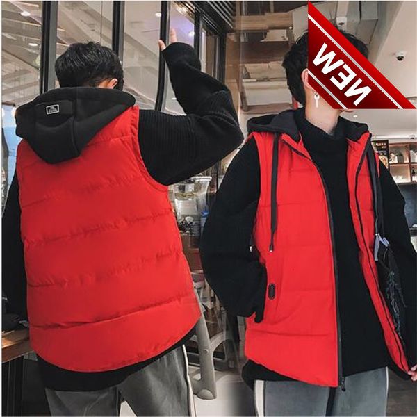 

autumn winter new men's sleeveless cotton vest waistcoat slim thick hooded stitching jacket coat, Black
