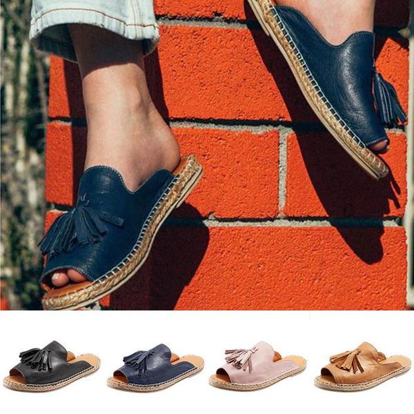 

slippers women summer beach 2021 comfort tassels female casual flax slip on slipper sandals indoor outdoor shoes plus size, Black