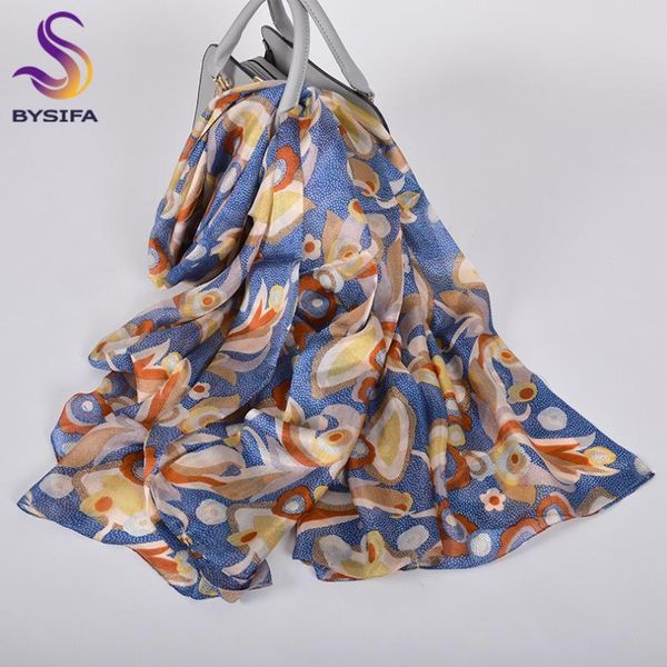 

scarves [bysifa] printed foulard 100% pure silk neck scarf hijab shawl women blue khaki long 180*110cm, Blue;gray