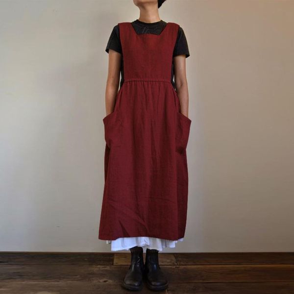 

women dresses solid stand collar color sleeveless square neck pockets cotton linen apron long dress good quality woman clothes, Black;gray