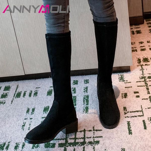 

boots annymoli real leather knee high heel woman thick shoes zip round toe long lady autumn winter size 43, Black