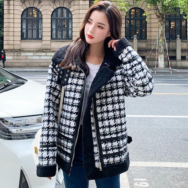 

women's fur & faux plaid motorcycle jacket women 2021 winter warm thick lamb wool coat houndstooth hairy outerwear, Black