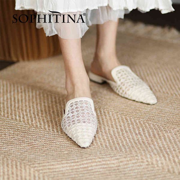 

sophitina genuine leather summer women sandals flat concise dressing pointed toe stylish mules mesh comfort shoes fo335 210513, Black