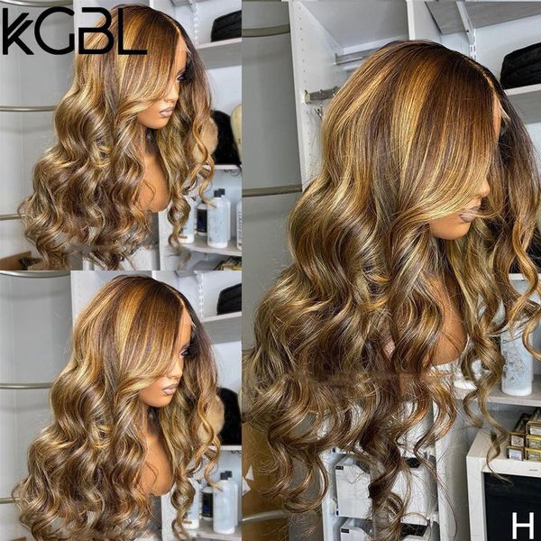 

lace wigs kgbl wave highlight 13x4 front human hair pre-plucked 180% density non-remy 8-24'' for women brazilian medium, Black;brown