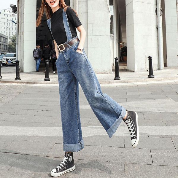 

women's jeans woman high waist suspenders cowboy wide leg denim clothing streetwear vintage quality 2021 fashion harajuku straight pant, Blue