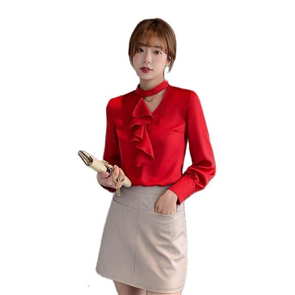 

women's blouse 2021 autumn spring chiffon shirt long sleeved fashion office shirts ruffles neck blouses korean blusas &, White