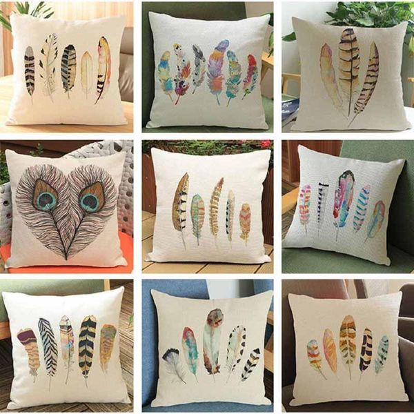 

cushion/decorative pillow feather printing square pillowcase linen blend case sofa waist throw cushion cover home decor (18" x 18"