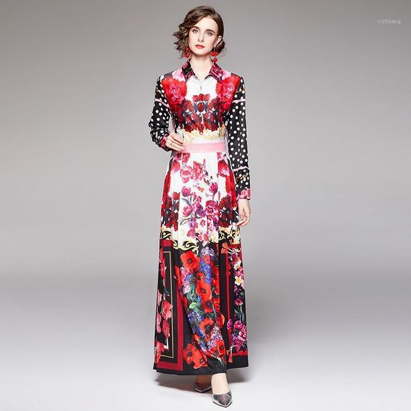 

casual dresses european and american fashion all-match tight waist positioning printed lengthened dress women's tall long, Black;gray