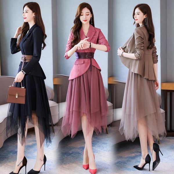 

two piece dress women blazer skirt set plus size net suits office lady suit uniform formal and jacket 2, White
