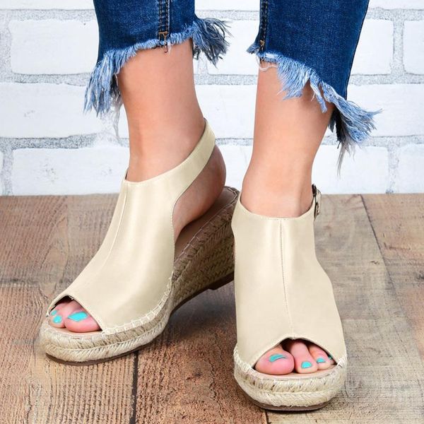 

women's casual peep toe wedges sandals buckle strap leather platform shoes ladies fashion open summer 2021, Black