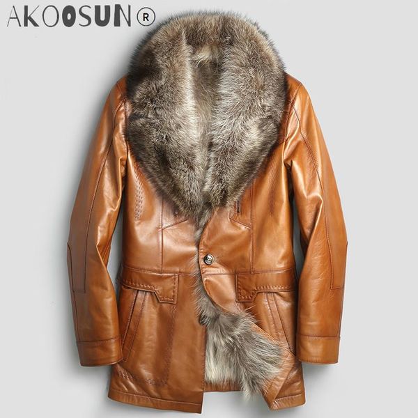 

men's leather & faux akoosun winter genuine jacket men real raccoon fur liner sheepskin coat for warm parka chaqueta mg-40-15038 kj1329, Black