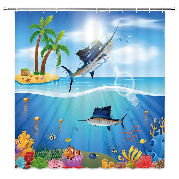 

underwater world shower curtain ocean animal fish seabed coral jellyfish tropical palm trees cartoon kids decor bathroom curtain