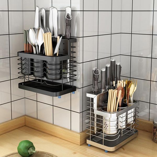 

kitchen storage & organization 304 stainless steel no drilling wall mount rack knives holder cutlery box utensils organizer tableware contai