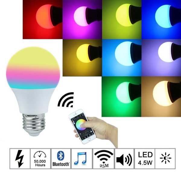 

bulbs 2021 smart 4.5w e27 rgbw led light bulb bluetooth 4.0 lighting lamp color change dimmable ac85-265v for home el