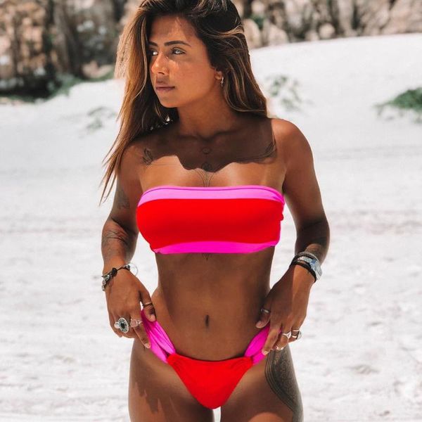 

red pink bikini push up swimwear women bandeau set low waist swimming suit summer beachwear two piece swimsuit plavky women's, White;black