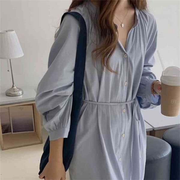 

women's spring summer shirt dresses fashionable korean style oversize elegant lace up long dress dr1817 210427, Black;gray