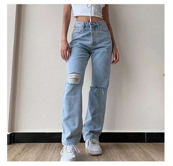 

women's jeans pants female large size boyfriend jean women high waist mom ripped 2021 stright trousers, Blue